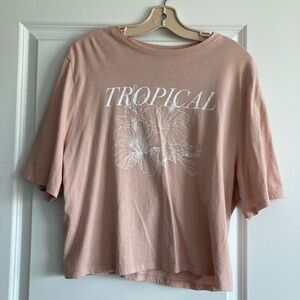 MANGO | Beige pink Tropical print cropped t-shirt, size XL